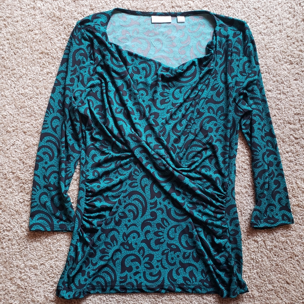 New York and Company Stretchy 3/4 Length Sleeve Teal Blue Green Top Size Small